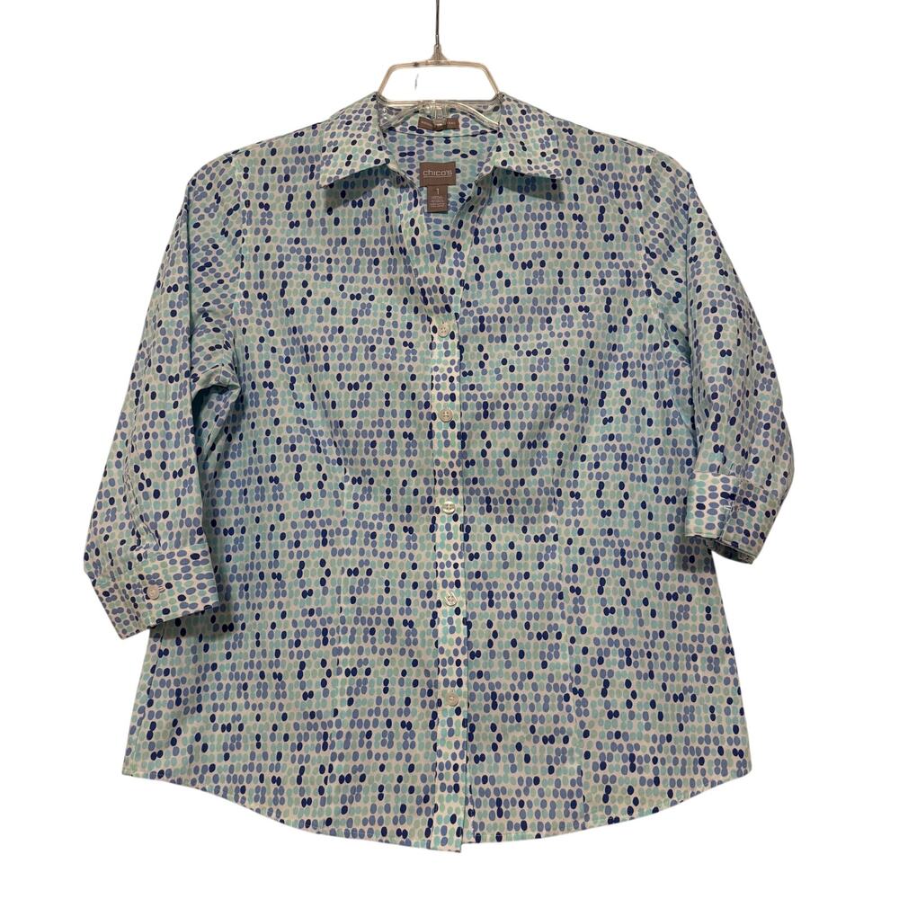 Chico's Wrinkle Resistant Blue Dot 3/4 Sleeve Blouse, Size 1 (Medium)
